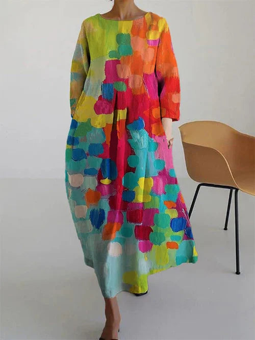 Elisa | Damen Maxikleid mit abstraktem Blumenmuster und langen Ärmeln