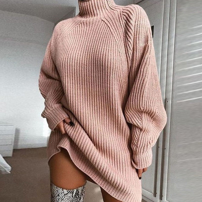Attraktives A-Linien-Kleid | Damen Herbst Strickkleid mit Rollkragen