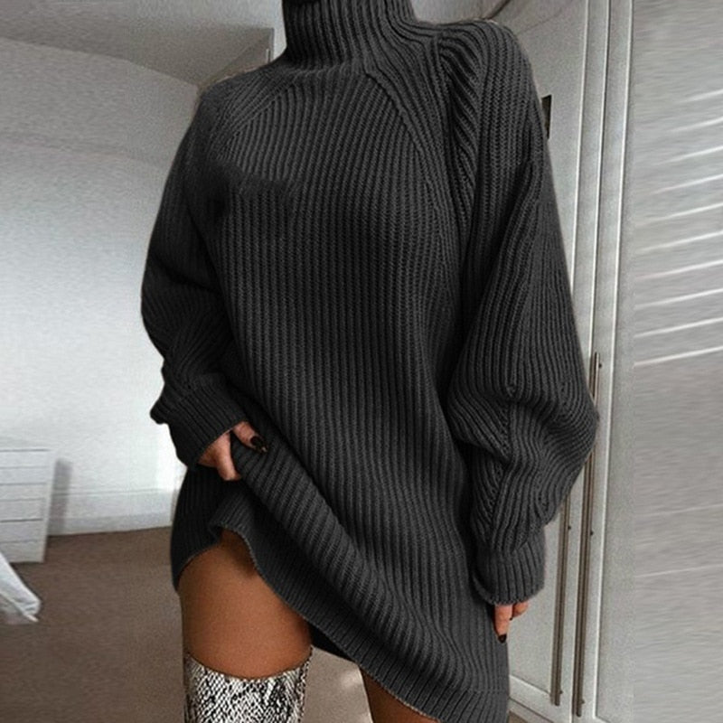 Attraktives A-Linien-Kleid | Damen Herbst Strickkleid mit Rollkragen