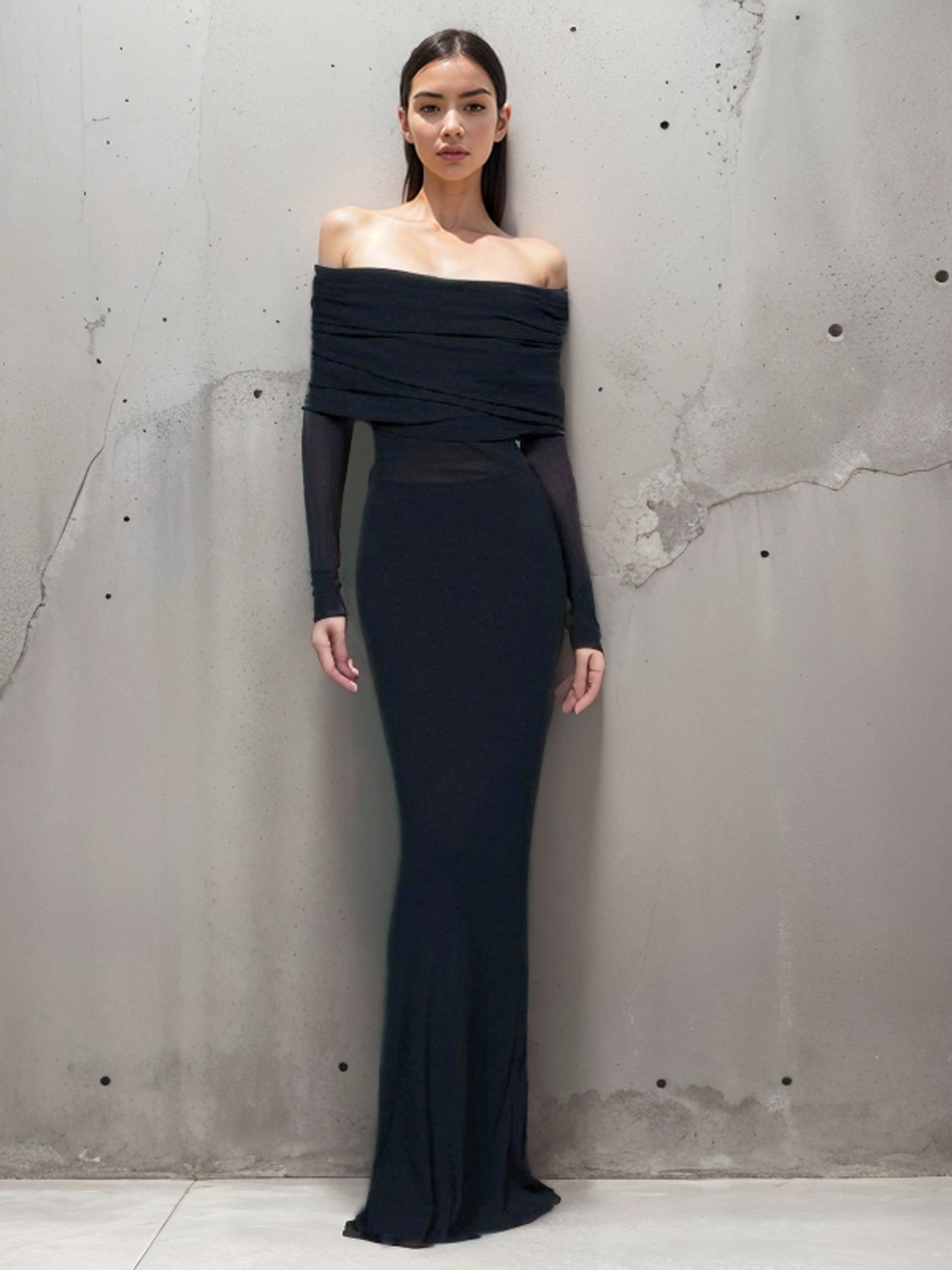 Charlotte – Semi-Sheer Off-Shoulder Mesh Long Sleeve Long Dress - Image 3