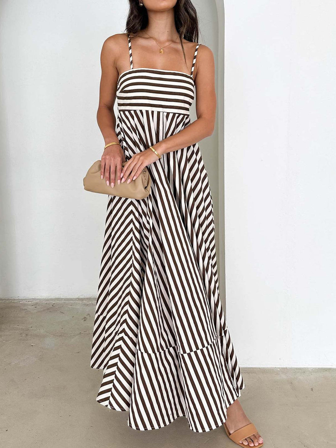 Emilia – Striped Pleated Cami Long Dress - Image 1