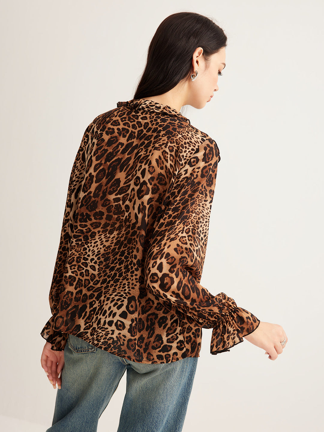 Eva | Damen Sommer Leopardenbluse Mit Rüschenkragen