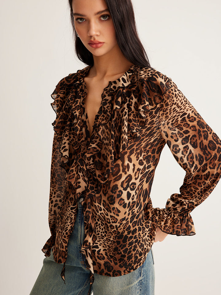 Eva | Damen Sommer Leopardenbluse Mit Rüschenkragen