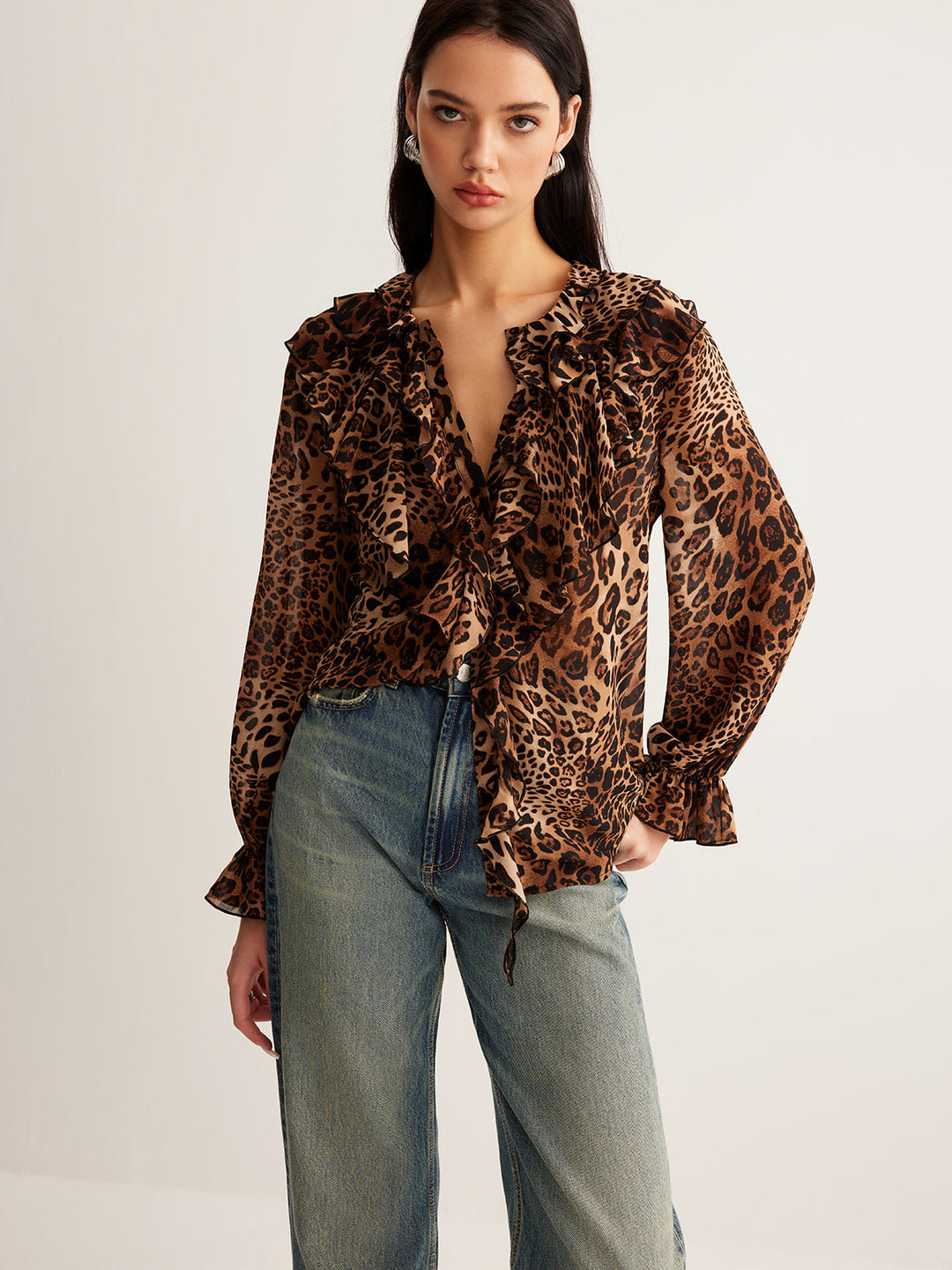 Eva | Damen Sommer Leopardenbluse Mit Rüschenkragen