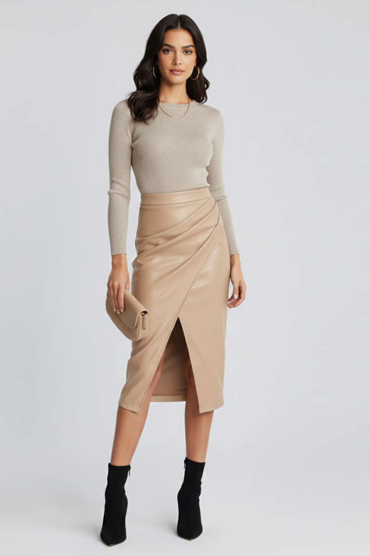 Beatrice | Damen plissierter Midirock mit vorderem Schlitz