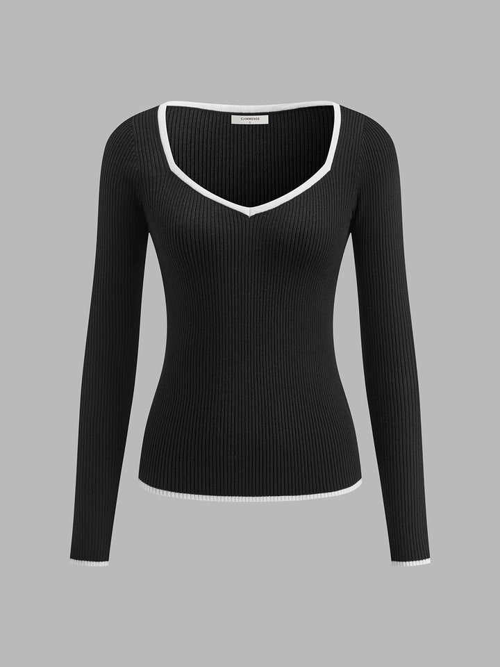 Emma | Damen Winter Pullover Mit Kontrastbesatz Und V Ausschnitt