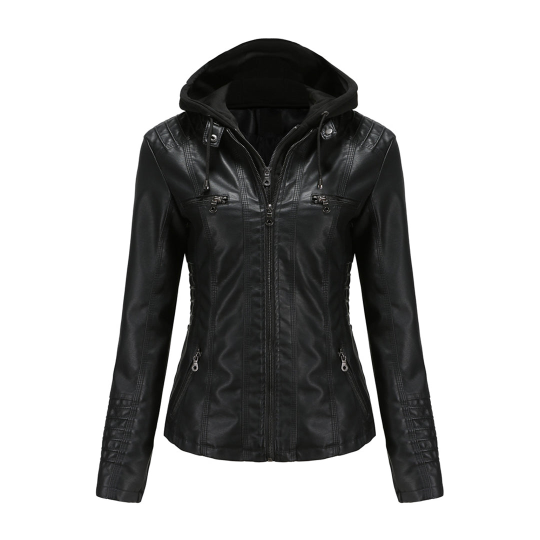 Lara | Damen Kunstleder-Motorradjacke mit Kapuze