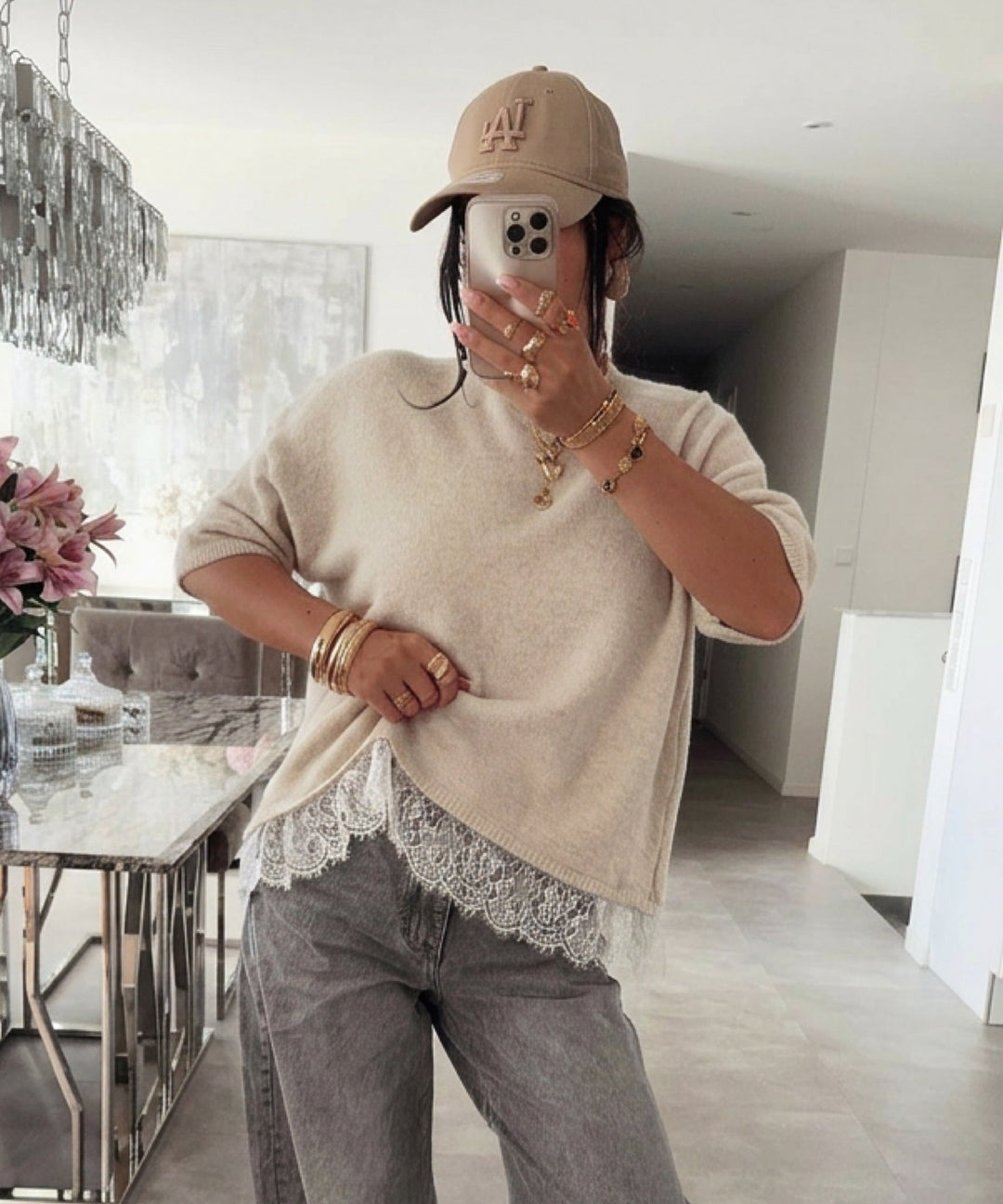 Oversize T-Shirt Midda Spitze Beige