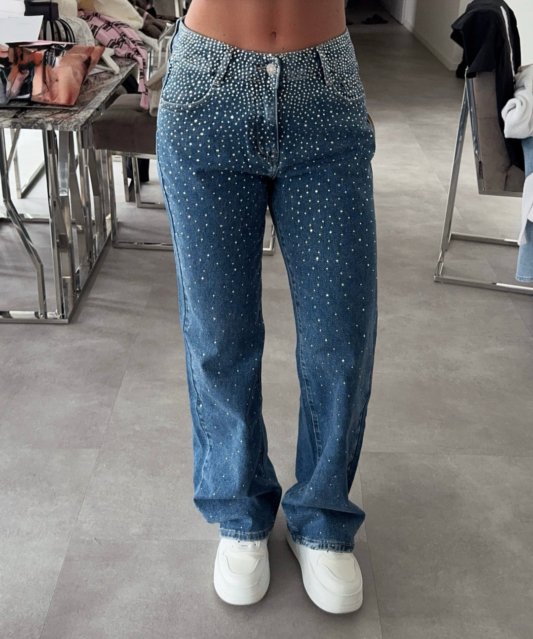 Stretch Straight Jeans Karo Glitzer Dunkelblau Ladypolitan ♡