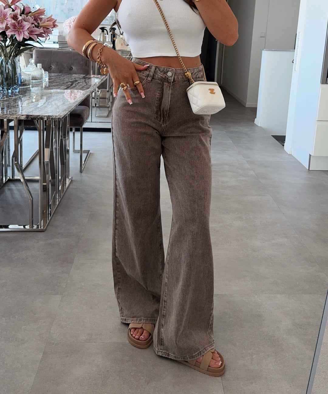 Stretch Wide Leg Jeans Harbi Taupe