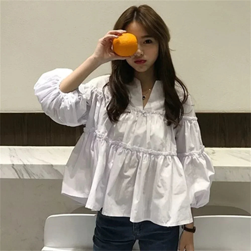 Babydoll-Bluse mit Ballonärmeln und einfarbigem V-Ausschnitt
