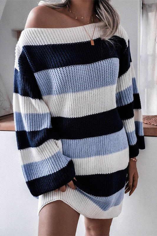 Beatrice - Slash Neck Gestreiftes Strickkleid