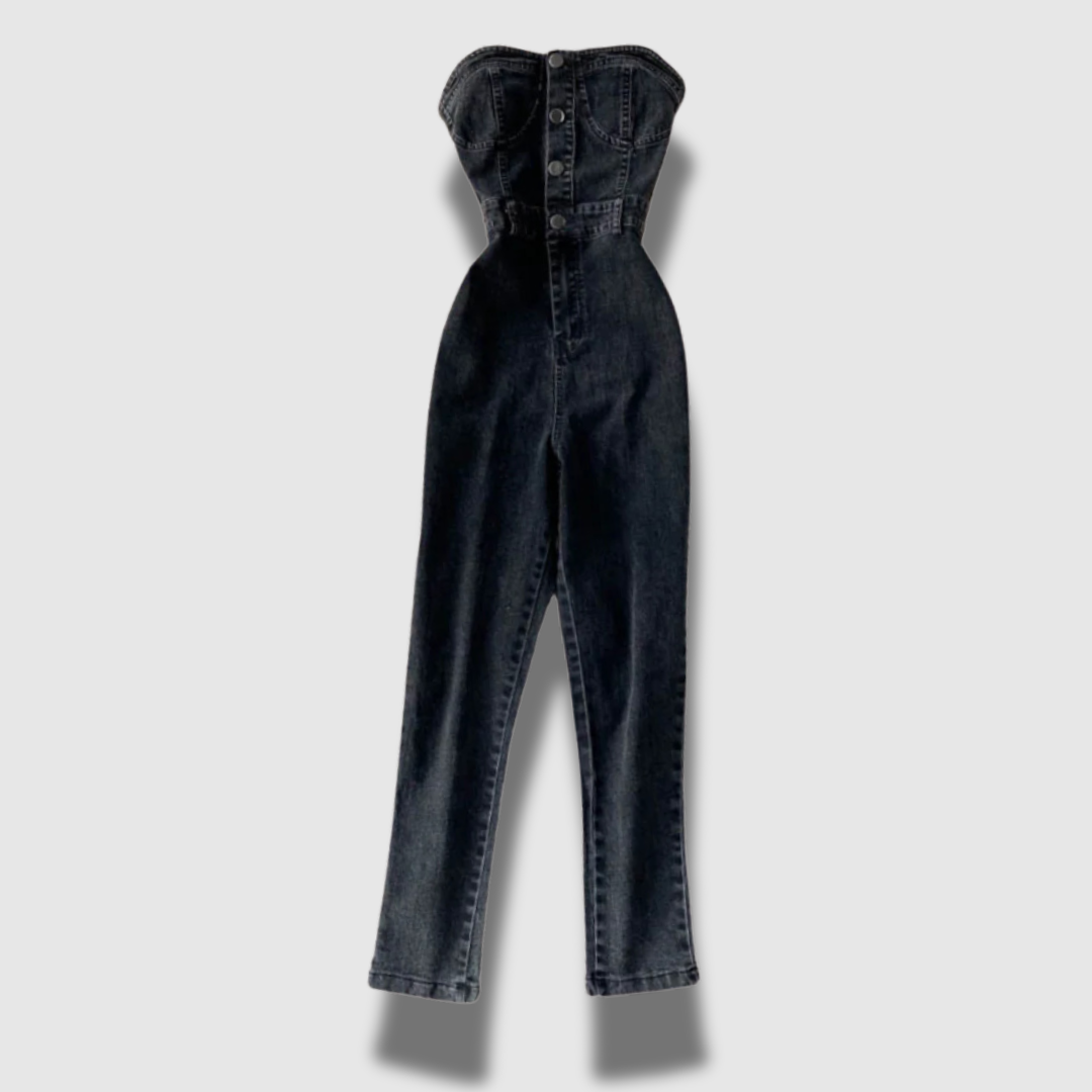Tailleur Donna Denim Senza Spalline Pantaloni a Gamba Larga