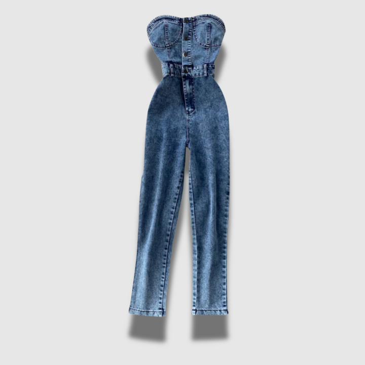 Tailleur Donna Denim Senza Spalline Pantaloni a Gamba Larga