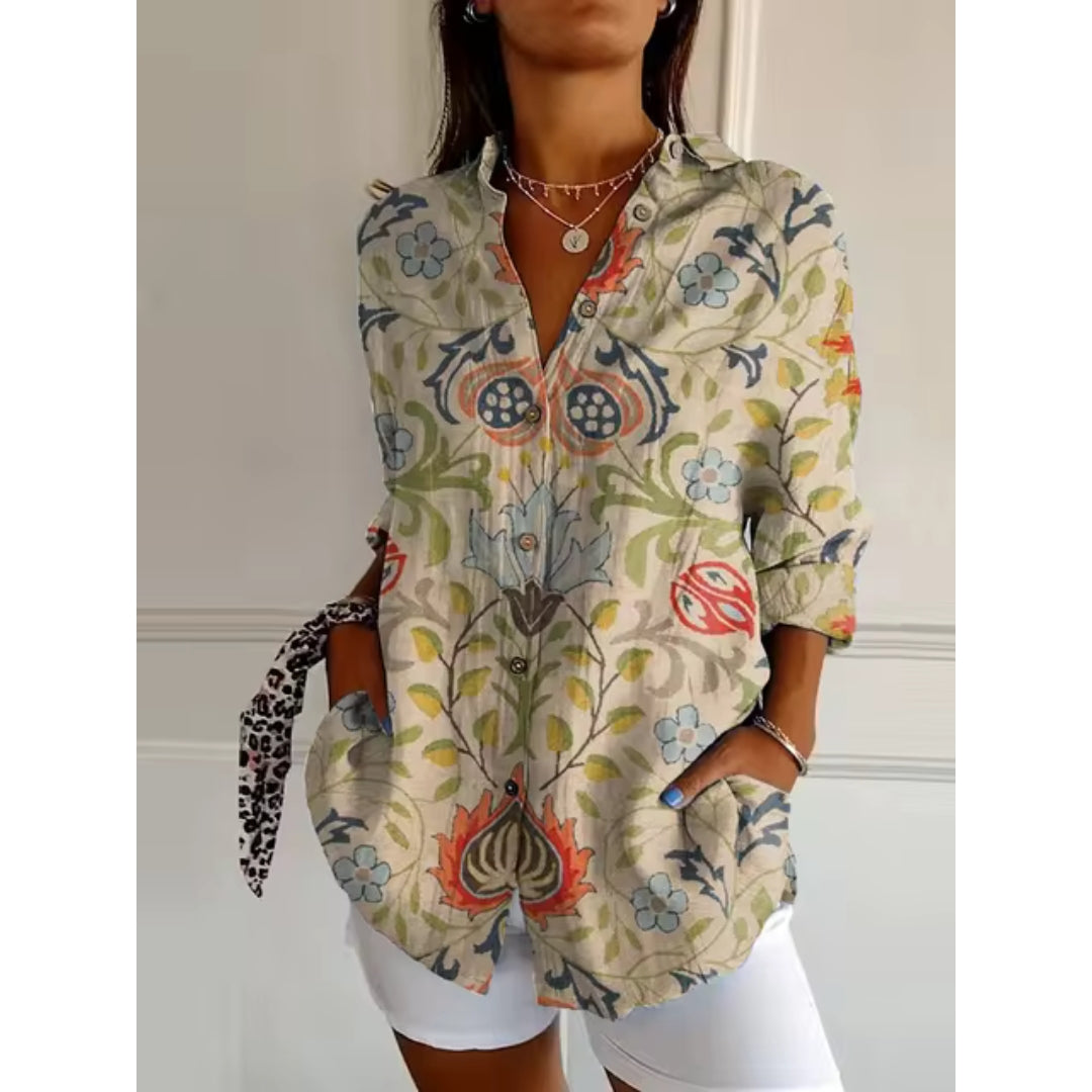 Blumenbluse mit Langen Ärmeln und Klassischem Kragen – Elegante Damenbluse für Jeden Anlass