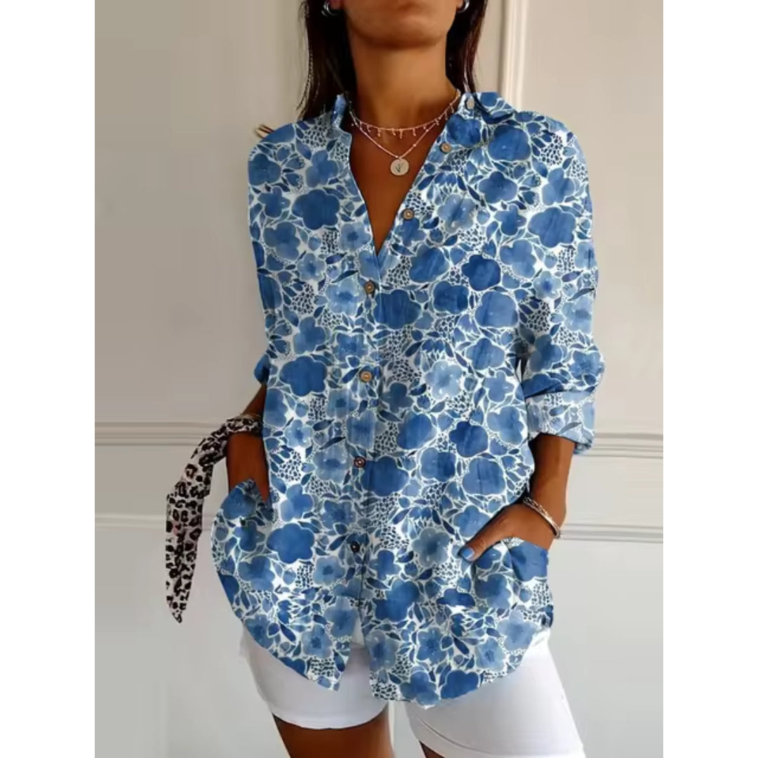 Blumenbluse mit Langen Ärmeln und Klassischem Kragen – Elegante Damenbluse für Jeden Anlass