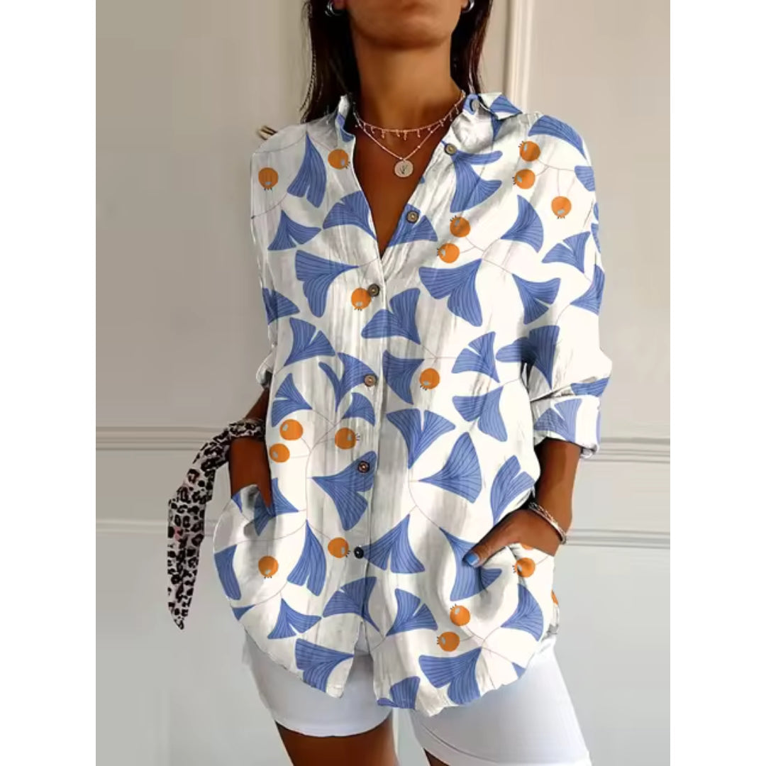 Blumenbluse mit Langen Ärmeln und Klassischem Kragen – Elegante Damenbluse für Jeden Anlass