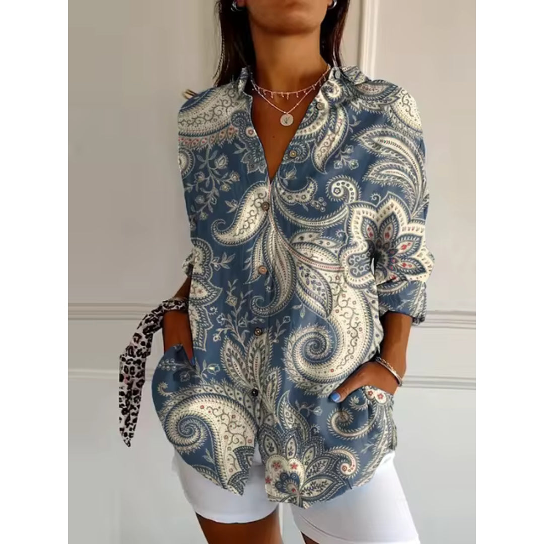 Blumenbluse mit Langen Ärmeln und Klassischem Kragen – Elegante Damenbluse für Jeden Anlass