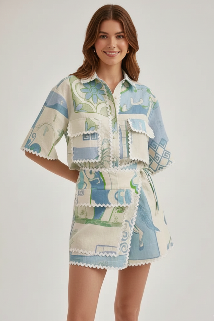 Gabriela | Damen-Zweiteiler-Set mit Patchwork und Shorts