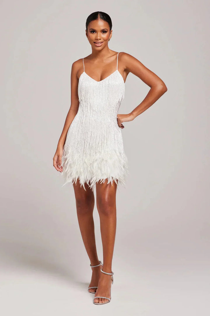 Lina – Damen Fransen Feder Mini-Kleid