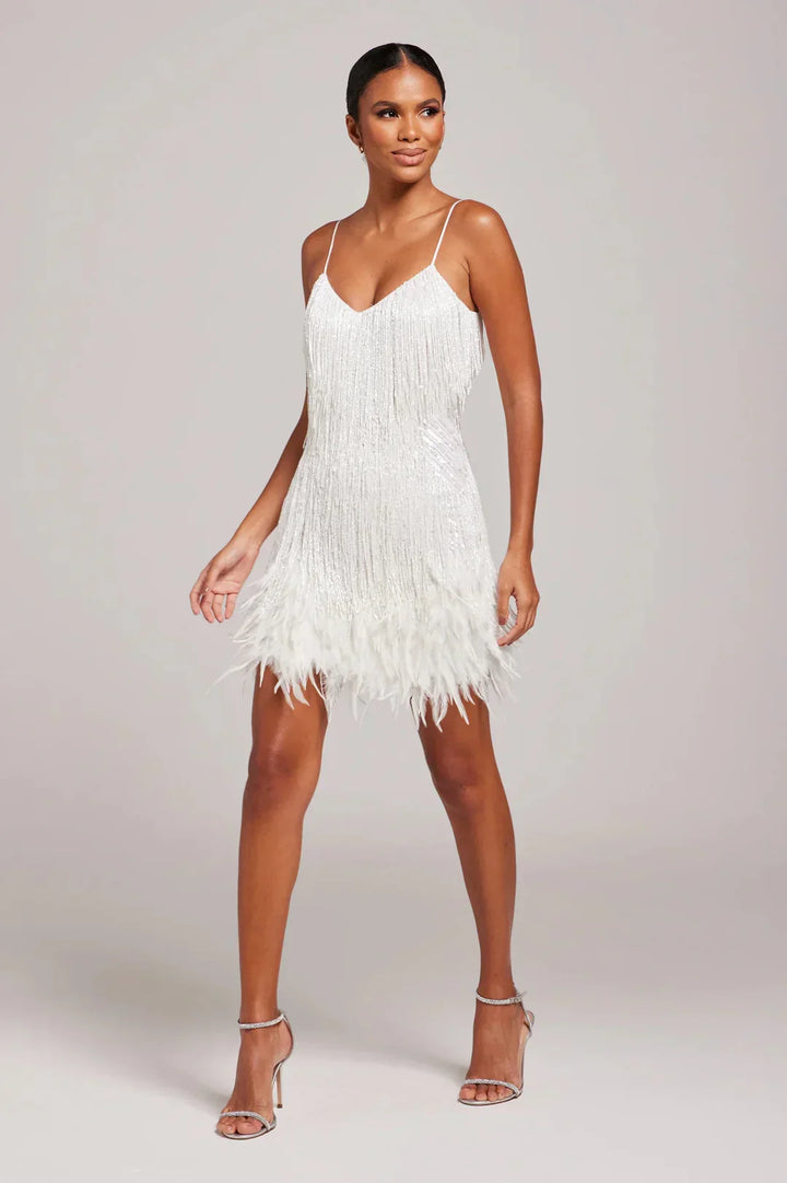 Lina – Damen Fransen Feder Mini-Kleid