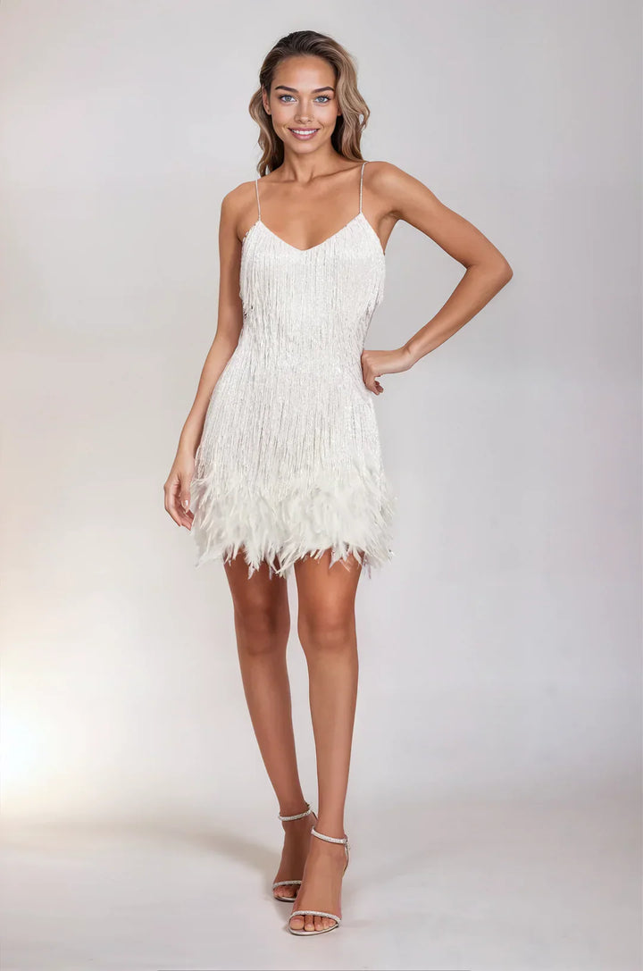 Lina – Damen Fransen Feder Mini-Kleid
