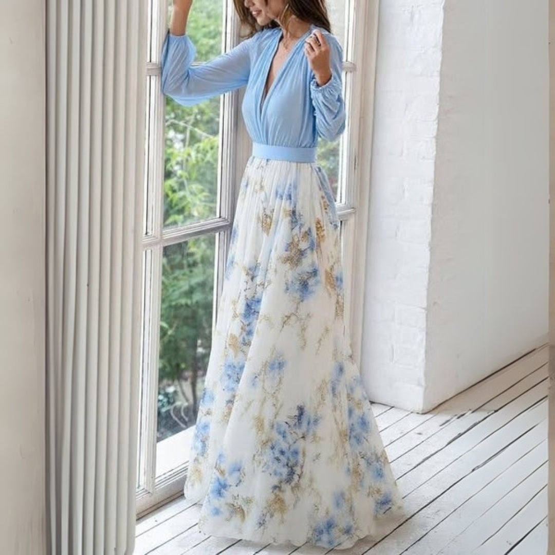 Doris | Damen Blumen V-Neck Maxi Kleid