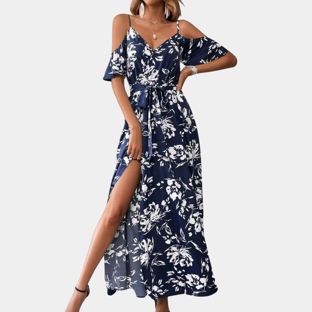 Ärmelloses Damenkleid mit Blumenmuster und Schlitz
