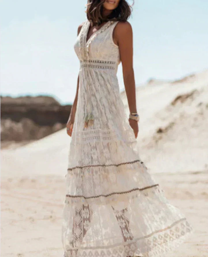 Kantenkleid Damen Boho Midi V-Ausschnitt