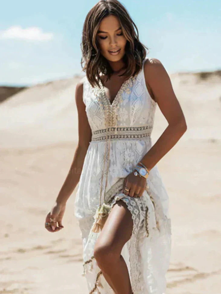 Kantenkleid Damen Boho Midi V-Ausschnitt