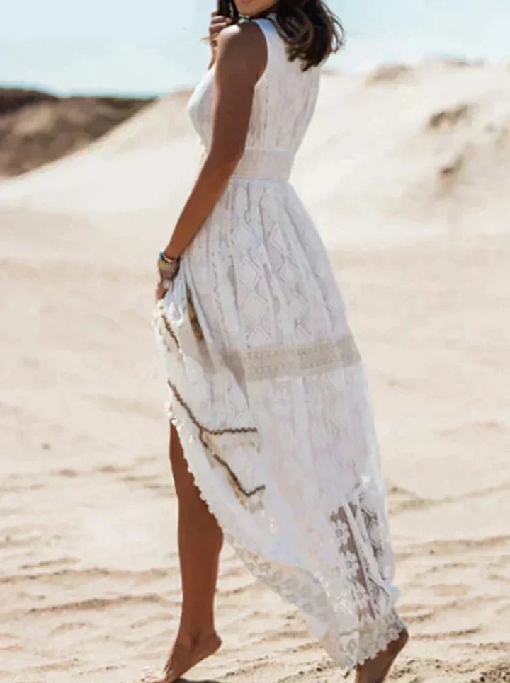 Kantenkleid Damen Boho Midi V-Ausschnitt