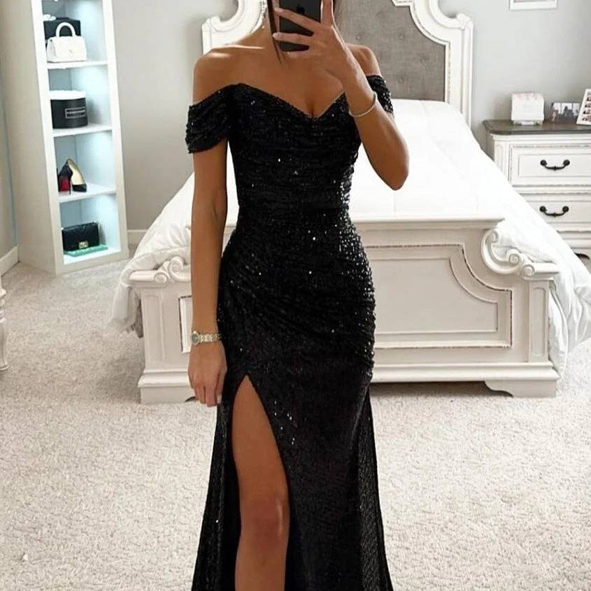 Damen Abendkleid Pailletten Maxi | Schlitz