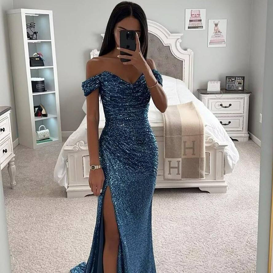 Damen Abendkleid Pailletten Maxi | Schlitz