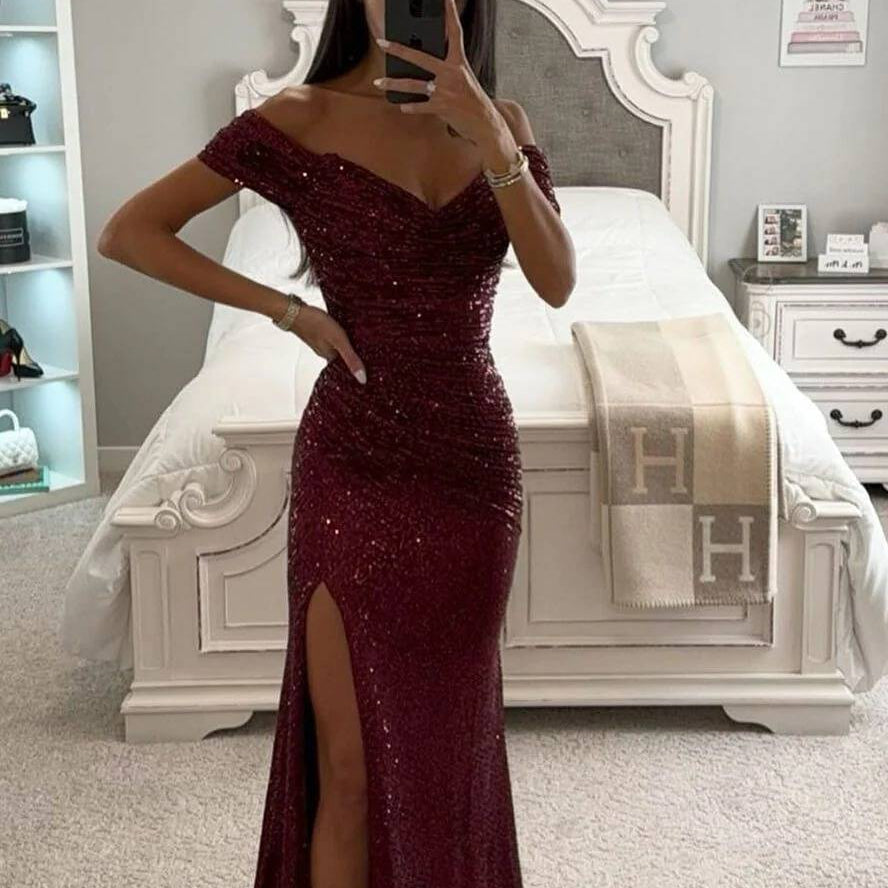 Damen Abendkleid Pailletten Maxi | Schlitz