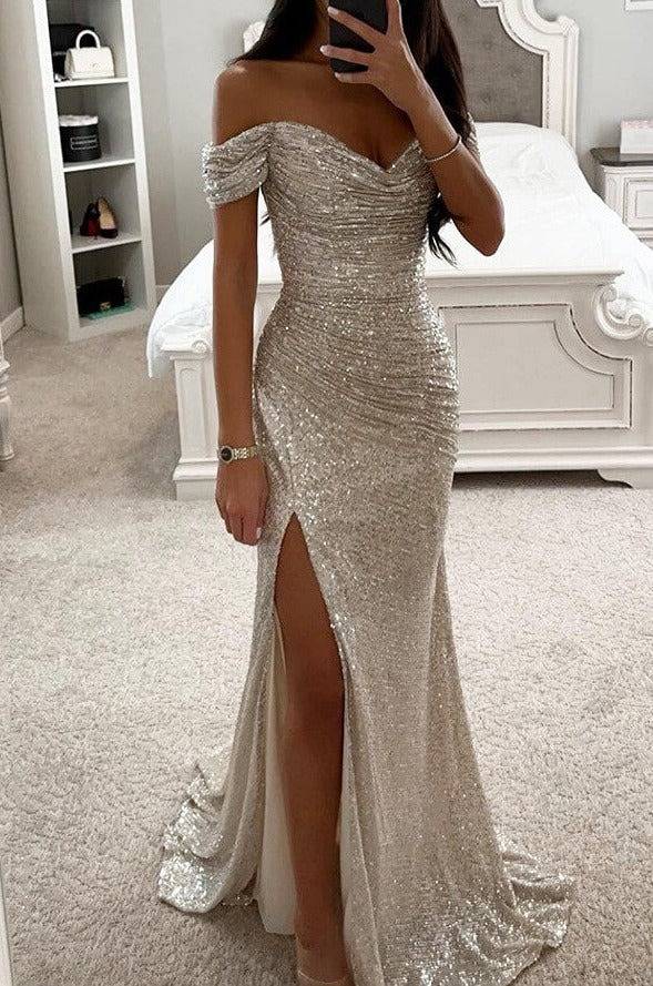 Damen Abendkleid Pailletten Maxi | Schlitz