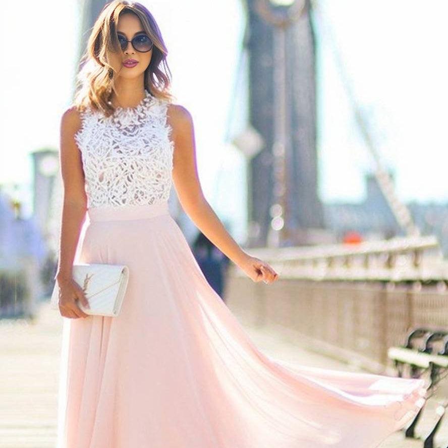 Damen Brautjungfernkleid Chiffon | Maxi Rundhalsausschnitt