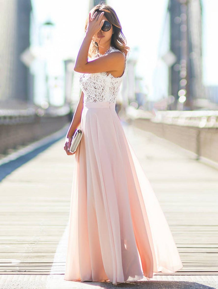 Damen Brautjungfernkleid Chiffon | Maxi Rundhalsausschnitt