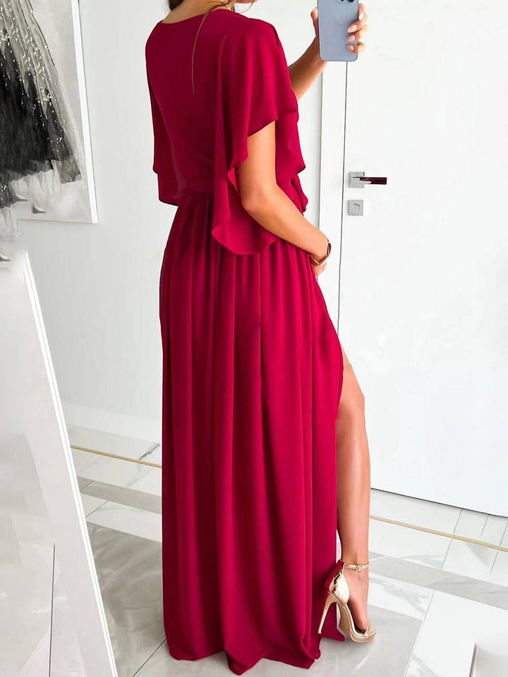 Langes Damenkleid mit V-Ausschnitt, Gürtel und Schlitz