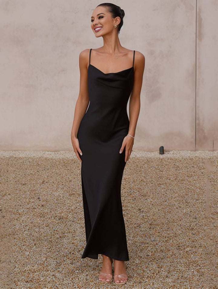 Damen Brautjungfernkleid Satin | Rückenlos Spaghettiträger