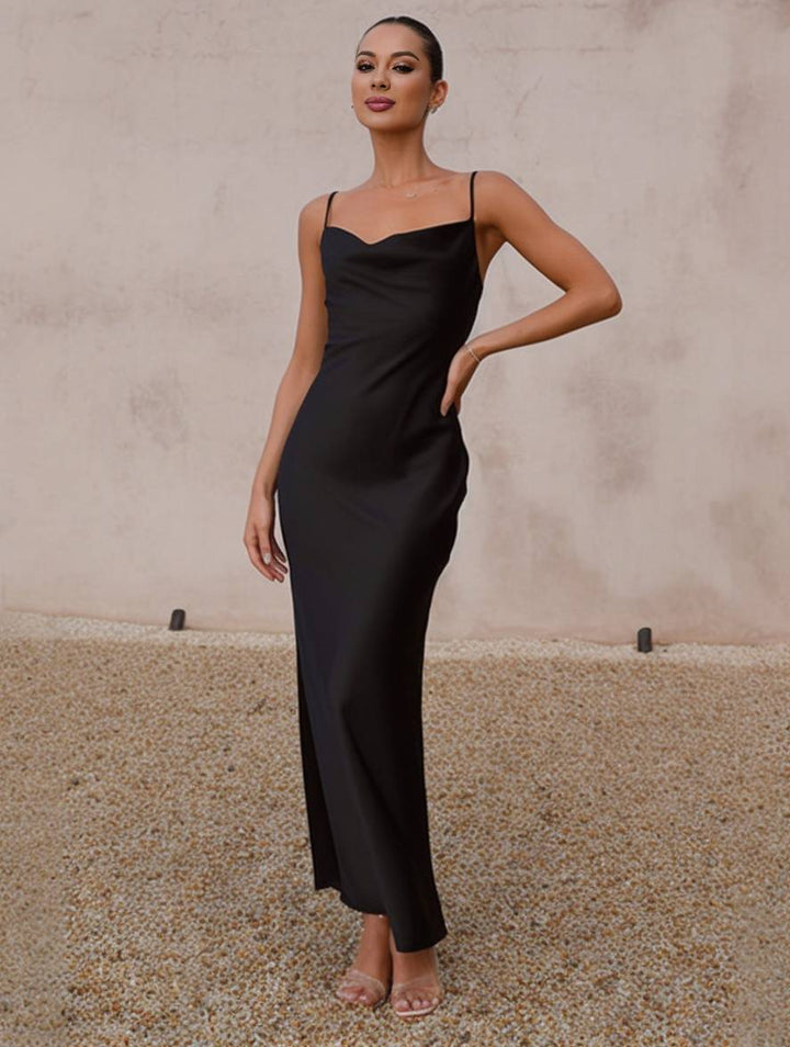 Damen Brautjungfernkleid Satin | Rückenlos Spaghettiträger