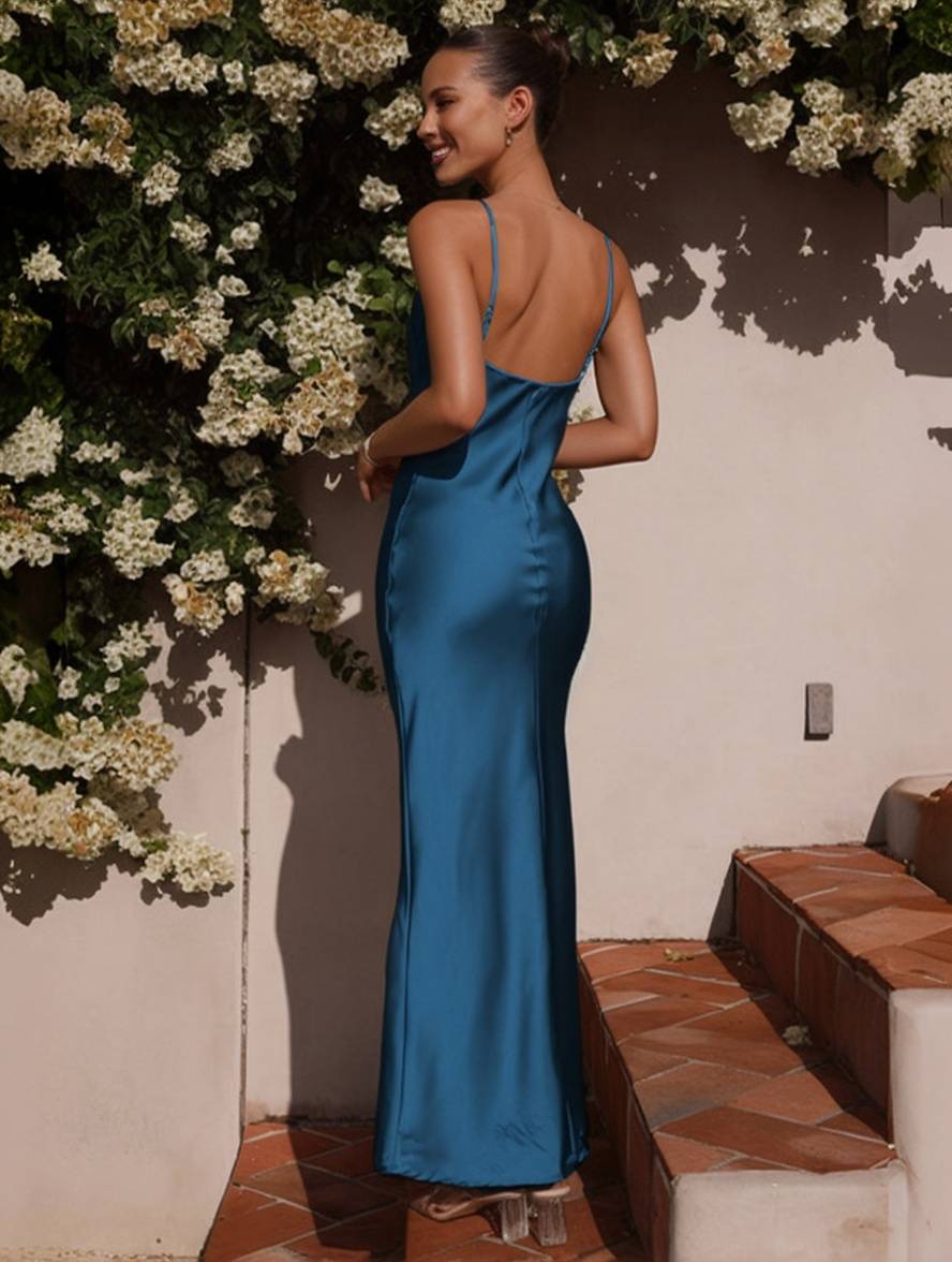 Damen Brautjungfernkleid Satin | Rückenlos Spaghettiträger