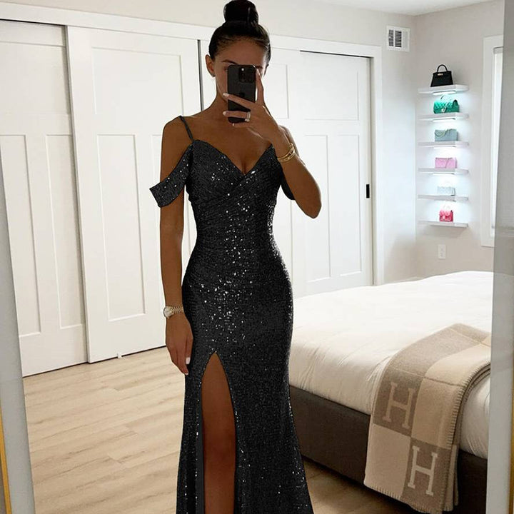 Damen Abendkleid Pailletten | V-Ausschnitt Schlitz