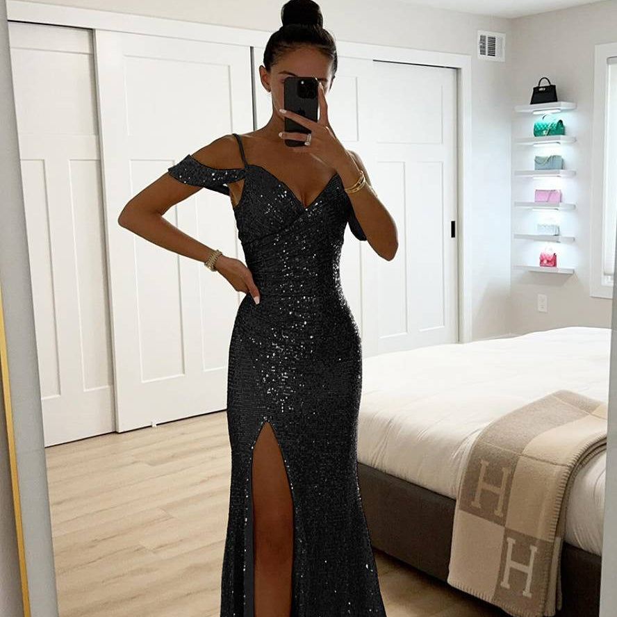 Damen Abendkleid Pailletten | V-Ausschnitt Schlitz