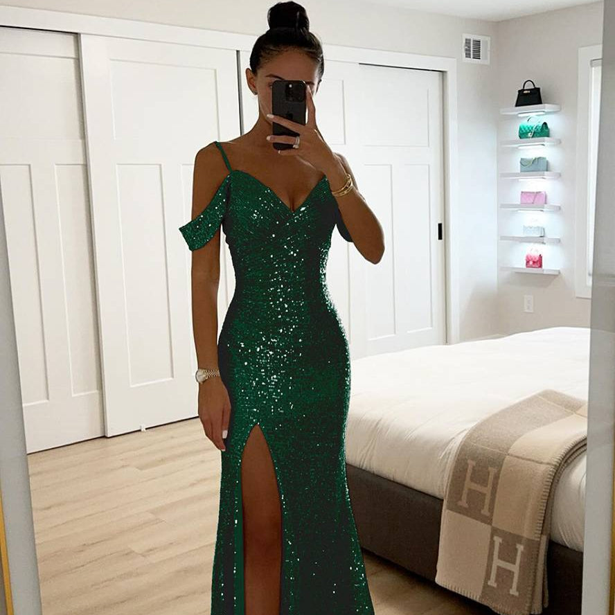Damen Abendkleid Pailletten | V-Ausschnitt Schlitz