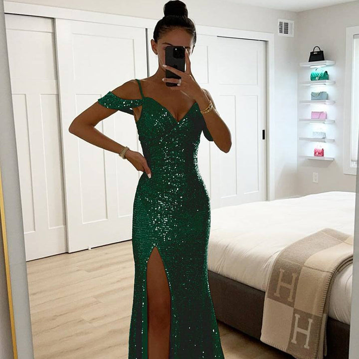 Damen Abendkleid Pailletten | V-Ausschnitt Schlitz