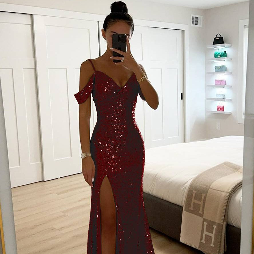 Damen Abendkleid Pailletten | V-Ausschnitt Schlitz