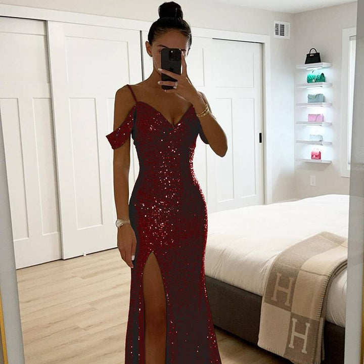 Damen Abendkleid Pailletten | V-Ausschnitt Schlitz