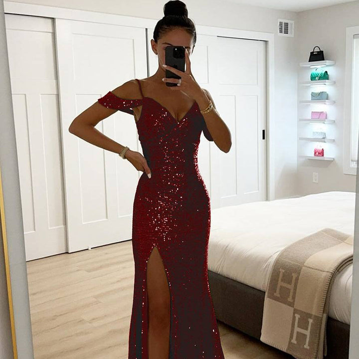 Damen Abendkleid Pailletten | V-Ausschnitt Schlitz