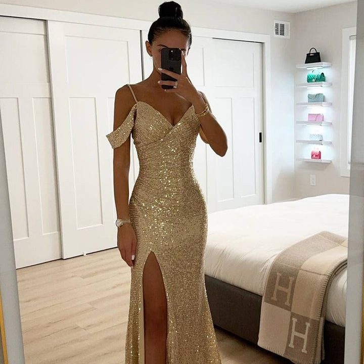 Damen Abendkleid Pailletten | V-Ausschnitt Schlitz