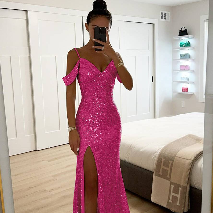 Damen Abendkleid Pailletten | V-Ausschnitt Schlitz